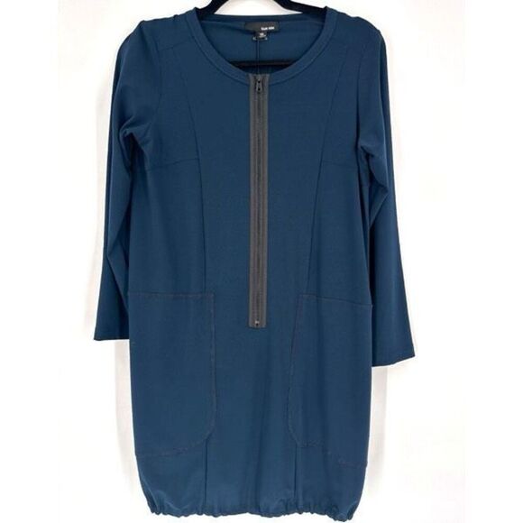 NWT Sun Kim Dark Teal Full Zip Blue London Tunic Dress Size XS Bubble Hem - Picture 1 of 12